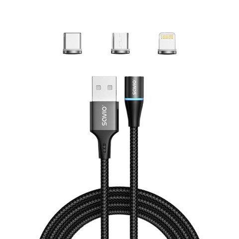 SAVIO KABEL MAGNETYCZNY USB - USB TYP C, MICRO I LIGHTNING, 1M, CZARNY CL-152
