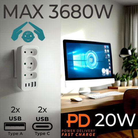 MACLEAN GNIAZDKO PRĄDOWE X3 + 4XUSB, ROZGAŁĘŹNIK Z 3 GNIAZDAMI, 2XUSB A, 2XUSB C PD 20W, 1X16A + 2X6A MCE248 F/W