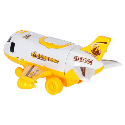 Transporter samolot rozkładany z autami + 3 auta pojazdy budowlane światła dźwięk