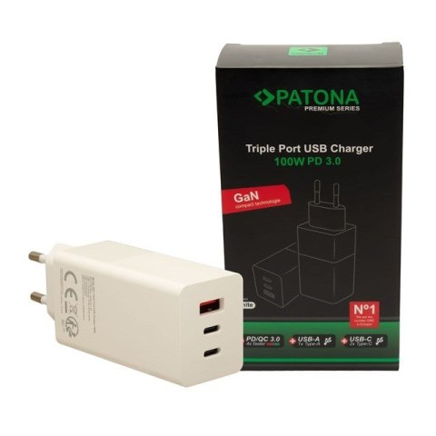 PATONA Premium Ładowarka GaN PD100W 2xUSB-C 1xUSB-A PD3.0 QC3.0 kolor biały