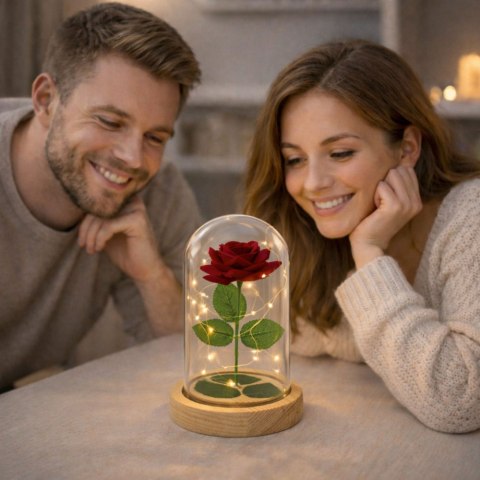 Wieczna Róża W Szkle Kopuła Oświetlenie LED Czerwona 21x11cm