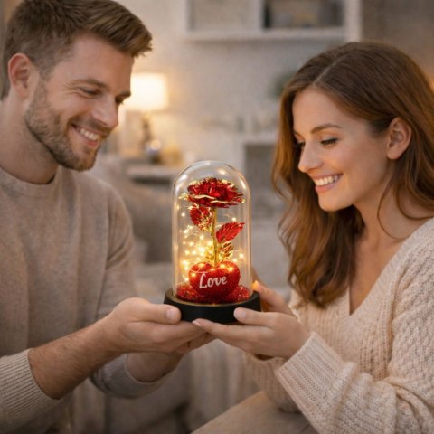 Wieczna Róża w Kopule z Oświetleniem LED Sercem Koralikami Czerwona 21x11cm