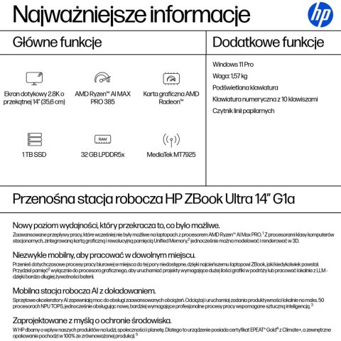 HP ZBook Ultra 14 G1a Ryzen AI Max PRO 390 14.0" 2.8K Touch OLED IPS 400nits BV LBL 32GB LPDDR5x-8533 SSD1TB Radeon 8050S Cam IR