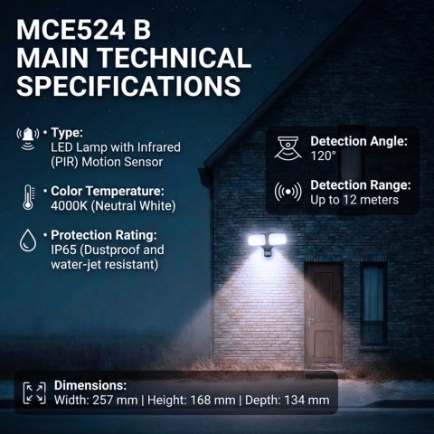MACLEAN ŚCIENNA LAMPA LED, Z CZUJNIKIEM PIR, 20W, 1500LM, IP65, NEUTRAL WHITE 4000K, CZARNA MCE524 B
