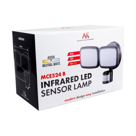 MACLEAN ŚCIENNA LAMPA LED, Z CZUJNIKIEM PIR, 20W, 1500LM, IP65, NEUTRAL WHITE 4000K, CZARNA MCE524 B