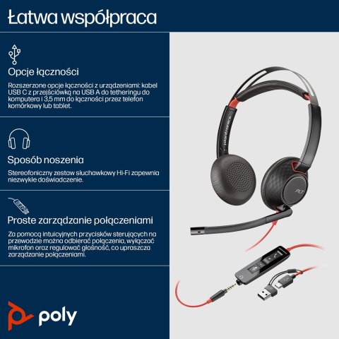 Słuchawki Poly Blackwire 5220 Stereo USB-C Headset +3.5mm Plug +USB-C/A Adapter 8X231AA