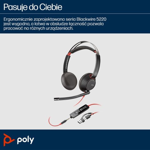 Słuchawki Poly Blackwire 5220 Stereo USB-C Headset +3.5mm Plug +USB-C/A Adapter 8X231AA
