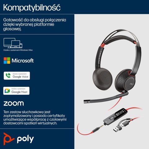 Słuchawki Poly Blackwire 5220 Stereo USB-C Headset +3.5mm Plug +USB-C/A Adapter 8X231AA