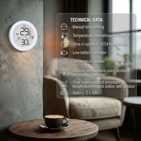 GREENBLUE BEZPRZEWODOWA STACJA POGODY, TEMPERATURA IN/OUT, ZEGAR, DO WYBORU °C / °F, ZASIĘG DO 60M GB162