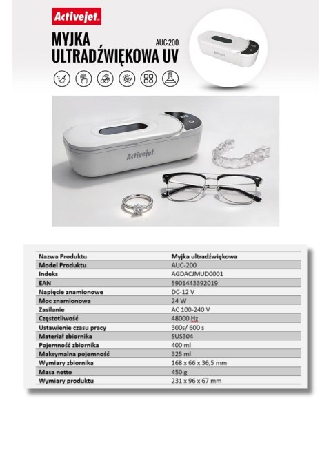 Activejet Myjka ultradźwiękowa UV AUC-200 biała
