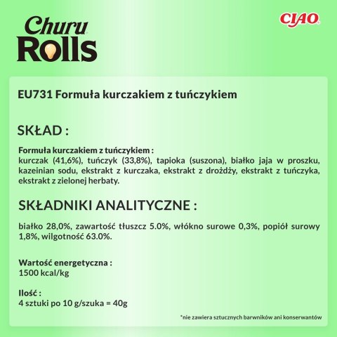 INABA Churu Rolls Tuńczyk z kurczakiem - przysmak dla kota - 4x10 g