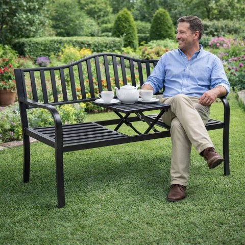 Ławka Ogrodowa Taras Ogród Park Metalowa Oparcie Stolik Czarna 150 cm