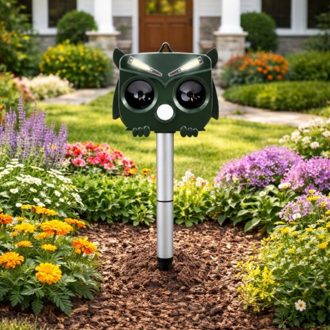 Solarny Odstraszacz Zwierząt Sowa Czujnik Ruchu Ultradźwięki Diody LED