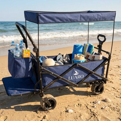 Wózek transportowy LUARO plażowy składany z daszkiem i siatką granatowy