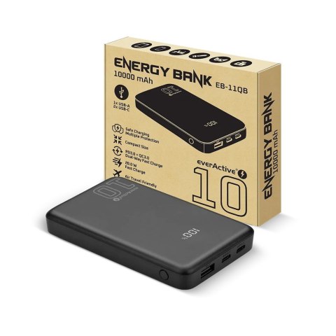 EVERACTIVE POWERBANK 10 000MAH, 1X USB, 2X USB-C, 20W, QC4+, WYŚWIETLACZ LCD, CZARNY EB-11QB