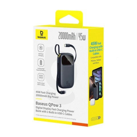 Powerbank Baseus EnerFill FC31 QPow3 20000mAh 45W z wyświetlaczem cyfrowym z 2 wbudowanymi kablami USB-C - czarny