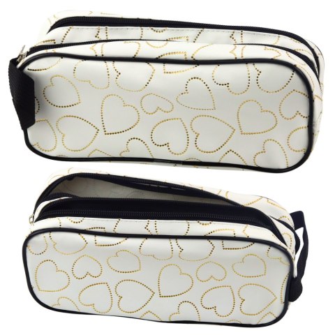 Piórnik Szkolny Biurowy Dwukomorowy Złote Serca Biały 23,5x10 cm