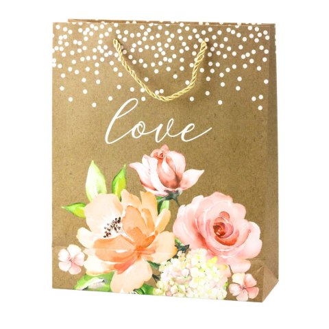 Torba Prezentowa Napis Love Kwiaty Brokat 32 x 26 x 10 cm