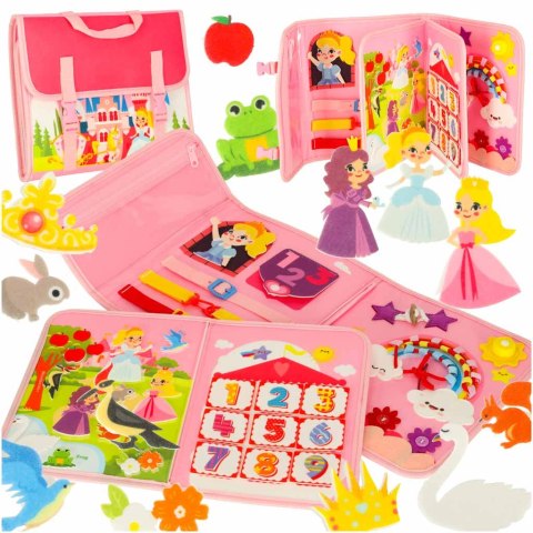 Tablica manipulacyjna sensoryczna montessori walizka plecak różowa