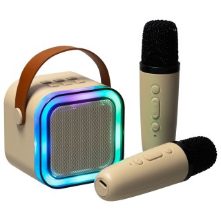 Zestaw do karaoke głośnik Bluetooth 2 mikrofony USB LED 6W beżowy