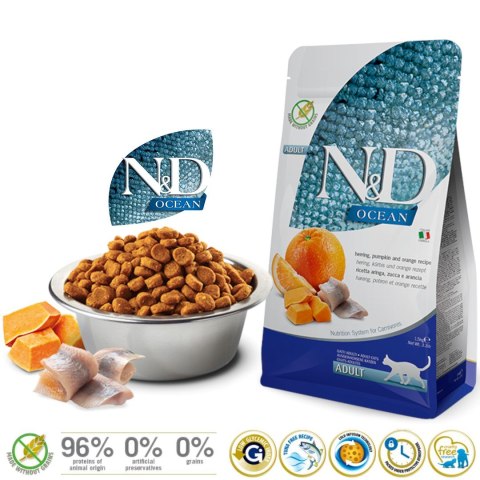 FARMINA N&D Ocean Herring, Pumpkin & Orange Adult - sucha karma dla kota - 1,5kg