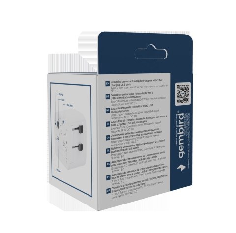 GEMBIRD UNIWERSALNY ADAPTER PODRÓŻNY Z UZIEMIENIEM 20 W, BIAŁY